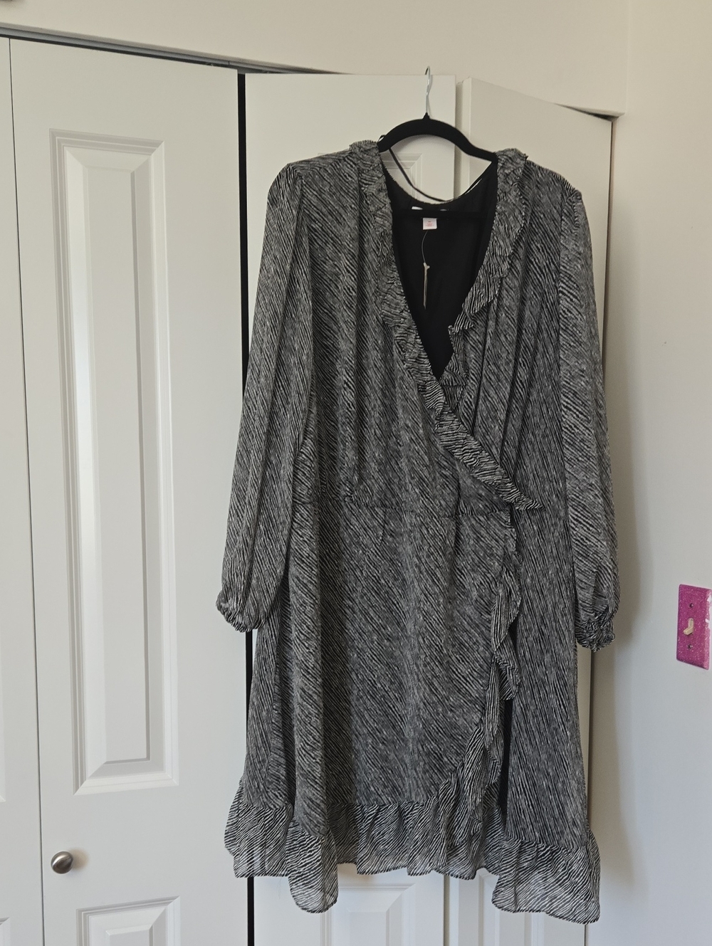 Joe Fresh Black and White Ruffled Wrap-Style Long Sleeve Dress